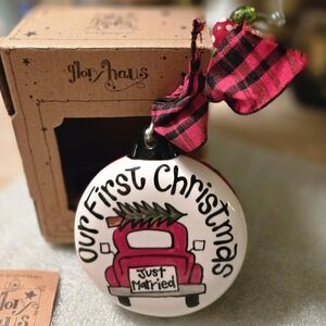Glory Haus  Our First Christmas Red Truck Large Puff Ornament Just Married NEW